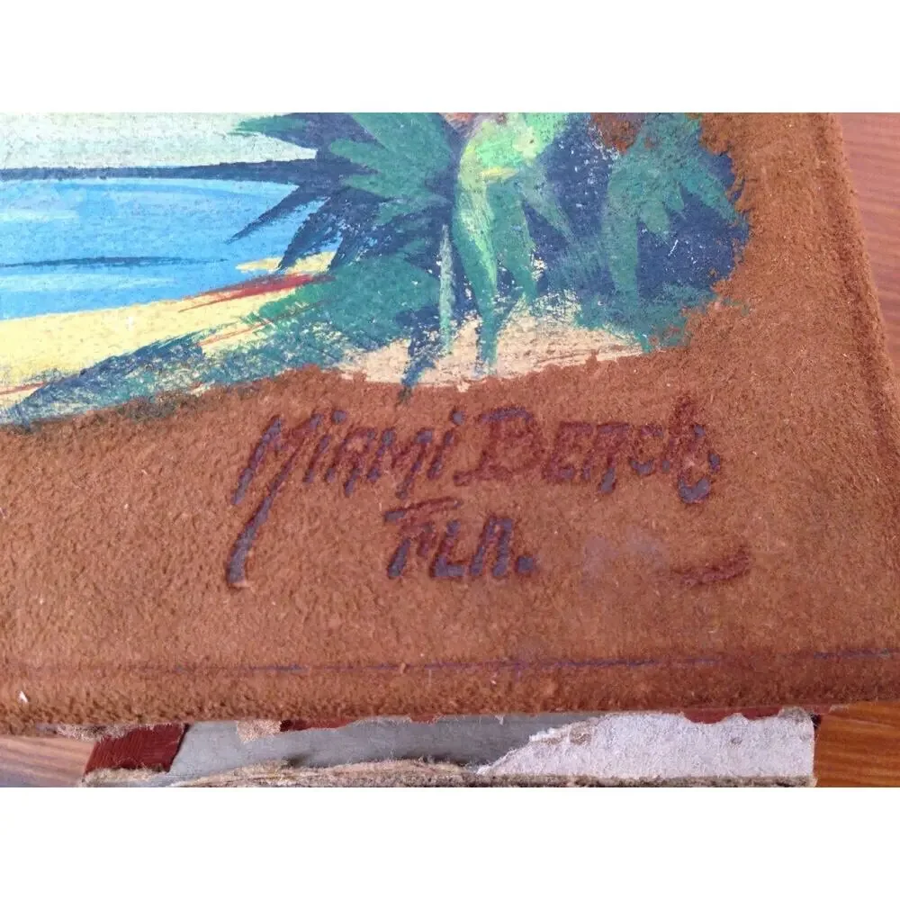 Vintage Antique Suede Leather Handpainted Miami Beach Letters Portfolio Envelope